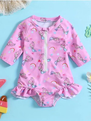 Moda Pembe Uzun Kollu Fermuarlı Kız Bebek Mayo Tulum, Sevimli Denizkızı Deseni ve Fırfır Detaylı.