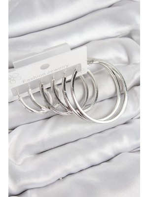 Pirinç Halka Gümüş Renk Kadın Set Küpe