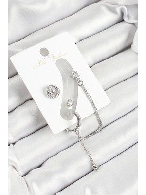 Pirinç Halka Figürlü Zirkon Taşlı Gümüş Renk 3'lü Kıkırdak Kadın Küpe Set