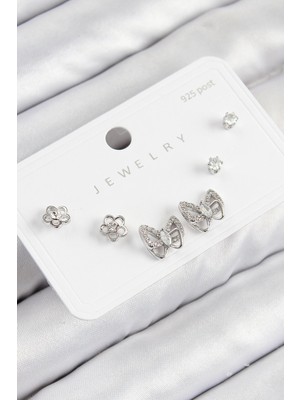 Pirinç Zirkon Taşlı Gümüş Renk 925 Ayar Gümüş Çivi Kadın Küpe Set