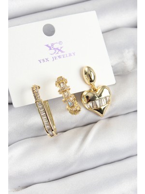 Pirinç Zi̇rkon Taşlı Kalp Renk 3'lü Kadın Küpe