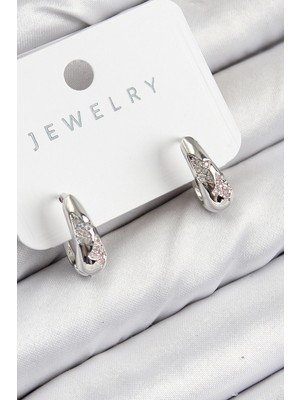 Pirinç Zirkon Taş Desenli Gümüş Renk Kadın Küpe