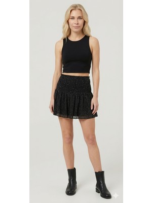 Sibel Günay Butik Simli Buzzy Kumaş Astarlı Kısa Volanlı Mini Etek