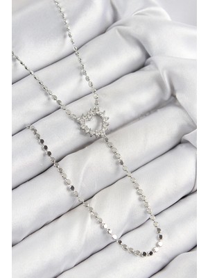 Pirinç Zirkon Taşlı Ezme Zincirli Kalp Gümüş Renk Y Kolye