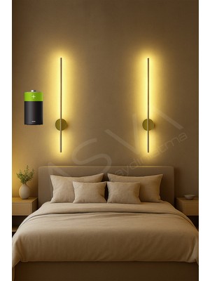 Asva Aydınlatma 70 cm Siyah 2’li Pilli LED Aplik – Kablosuz, Günışığı, Dekoratif Duvar Lambası Pil Dahildir