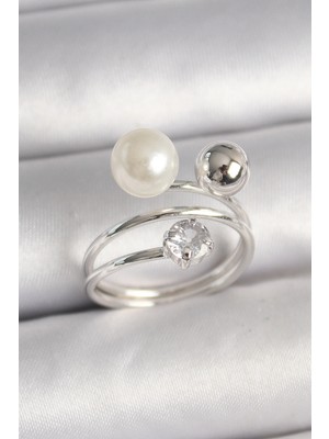 Pirinç Gümüş Renk Zirkon Taşlı Toplu Inci Kadın Yüzük