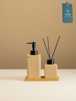 YNSK Luxury | Lotion | Lüks Banyo Seti, Seramik Sıvı Sabunluk, Seramik Oda Kokusu Şişesi, Bambu Tepsi