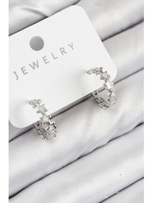 Pirinç Zirkon Taşlı Yıldız Gümüş Renk Kadın Küpe