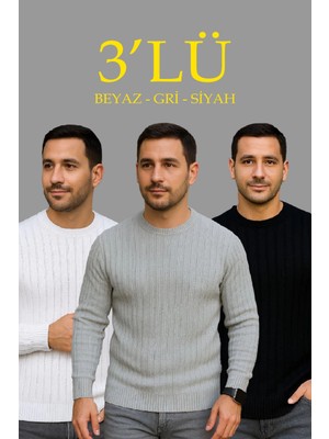 Velmora Fashion Velmora    Fitilli Triko Kazak 3 Lü Set - Beyaz, Gri, Siyah | Kalın Dokuma Pamuklu Regular Fit Bisiklet Yaka Uzun Kollu Kışlık ve Baharlık Rahat Triko Kombini