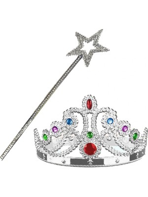Shopwave Gümüş Renk Metalize Prenses Tacı ve Metalize Prenses Yıldız Asası (5047)
