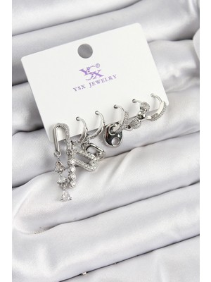 Pirinç Zi̇rkon Taşlı Dikdörtgen Gümüş Renk 3'lü Çift Kadın Küpe