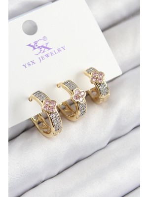 Pirinç Zirkon Taşlı 3'lü Halka Yonca ve Gümüş Renk Kadın Küpe