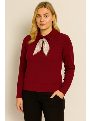 Sibel Günay Butik Kadın Fular Detaylı Polo Yaka Likralı Bordo Triko Kazak | Standart Beden