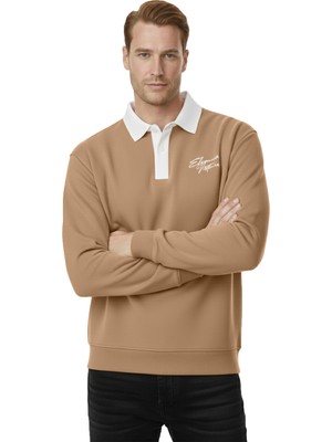 Deepsea Erkek Camel Relax Fit Içi Polarlı Polo Yaka Sweatshirt – Pamuklu Kalın Sweatshirt 2600762