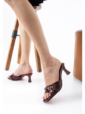 3140 Model Bereket Kundura Bayan Terlik Bordo Topuk Boyu 6cm