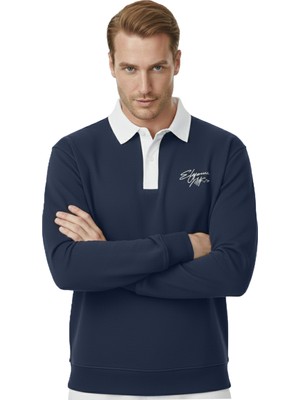 Deepsea Erkek Lacivert Relax Fit Içi Polarlı Polo Yaka Sweatshirt – Pamuklu Kalın Sweatshirt 2600762