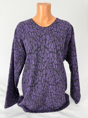 Yaşar Triko Kadın Siyah Mor Desenli U Yaka Uzun Kollu Yanları Yırtmaçlı Yün Anne Penye Tişört