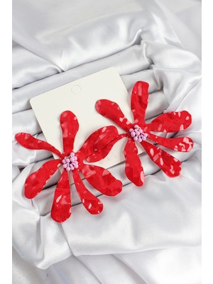 Pirinç Büyük Kırmızı Çiçek Kadın Küpe