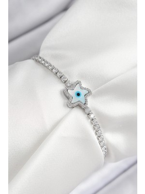 Pirinç Zirkon Taşlı Nazar Yıldız Gümüş Renk Asansörlü Kadın Bileklik