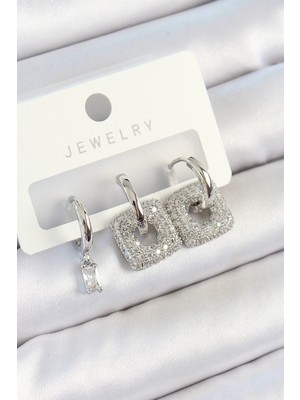 Pirinç Zirkon Taşlı Kare Gümüş Renk 3'lü Çift Kadın Küpe Set