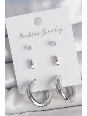 Pirinç Gümüş Renk Zirkon Taş Detay Halka 3 Çift Kadın Küpe Seti