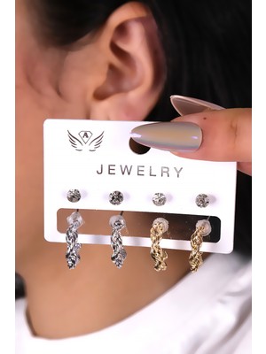 8 Parçalı Gold ve Gümüş Renk Minimal Burgu Kadın Küpe