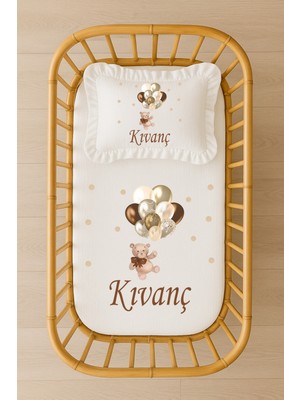 Moda Lime Isimli Bebek Nevresim Takımı 70X120 Altın ve Kahve Balonlu Ayıcık Tasarım Fırfırlı Dolgulu Yastıklı