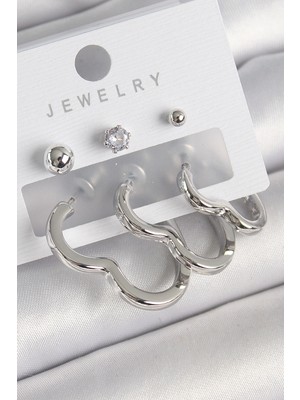 Shopwave Pirinç Gümüş Renk Kalp Model Zirkon Taş Topçuk Detay Kadın Küpe Seti