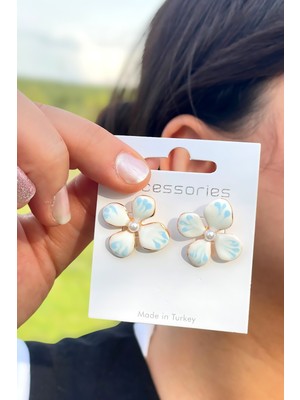 Mavi Pembe Çiçek Kadın Küpe