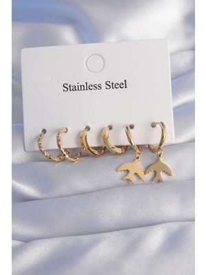 Shopwave 316L Çelik Gold Renk Oval Tasarım Kuş Model Küpe Seti