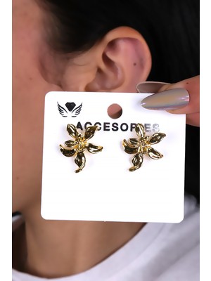 Altın Renk Çiçek Tasarım Kadın Küpe