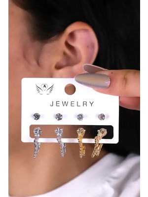 8 Parçalı Gold ve Gümüş Renk Minimal Yıldız Kadın Küpe