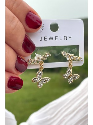 Gold Tek Delik Çok Görünüm Taşlı Kelebek Küpe