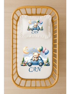 Moda Lime Isimli Bebek Nevresim Takımı 70X120 – Mavi Araba ve Balonlu Ayıcık Temalı Fırfırlı Dolgulu Yastıklı
