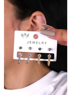 8 Parçalı Gold ve Gümüş Renk Minimal Burgu Kadın Küpe