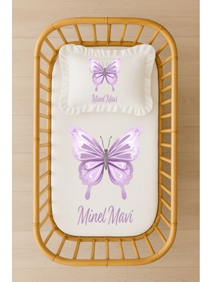 Moda Lime Isimli Bebek Nevresim Takımı 70X120 – Mor Kelebek Tasarım – Akfil Kumaş – Fırfırlı Dolgulu Yastıklı