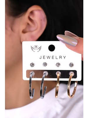 8 Parçalı Gold ve Gümüş Renk Minimal Halka Kadın Küpe