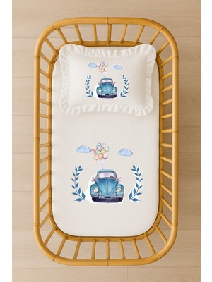 Moda Lime Isimli Bebek Nevresim Takımı Mavi Vosvos ve Balon Tasarım Içi Dolgulu Fırfırlı Yastıklı Set