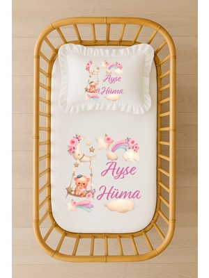 Moda Lime Isimli Bebek Nevresim Takımı 70X120 – Ay & Gökkuşağı Temalı Fırfırlı Dolgulu Yastıklı