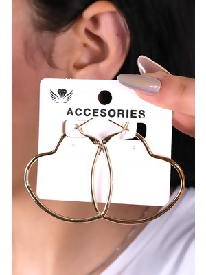 Gold Renk Büyük Boy Kalp Tasarım Kadın Küpe