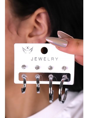 8 Parçalı Gümüş Renk Halka Kadın Küpe