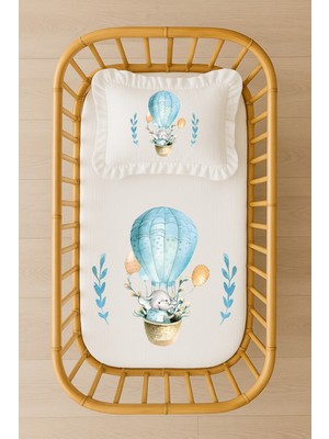 Moda Lime Isimli Bebek Nevresim Takımı 70X120 – Mavi Balonlu Fil Fırfırlı Dolgulu Yastıklı