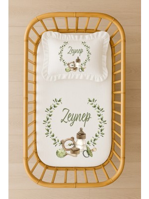 Moda Lime Isimli Bebek Nevresim Takımı 70X120 Doğal Yeşil Çelenk ve Baby Set Fırfırlı Dolgulu Yastıklı