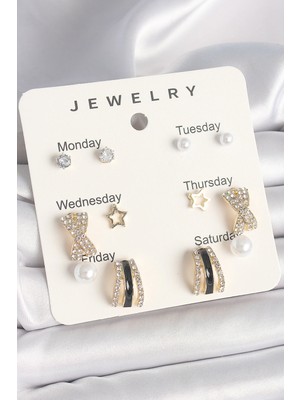 Shopwave Pirinç Gold Renk Zirkon Taş Yıldız Detaylı Incili 7'li Set Kadın Küpe Seti