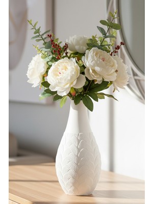 MEKTrend Kabartmalı Motifli Dekoratif Vazo Beyaz (21X10,5CM)