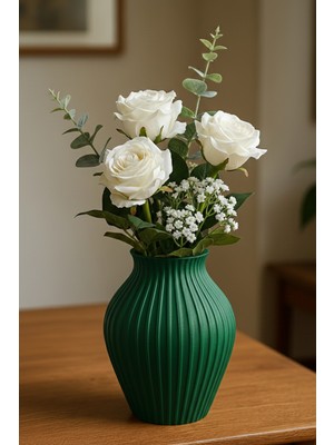 MEKTrend Klasik Çizgili Geniş Form Dekoratif Vazo Yeşil (18X17,5CM)