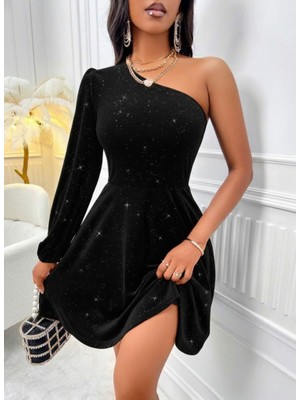 Tua Moda Kadın Tek Omuzdan Açık Uzun Kollu Taşlı Mini Elbise