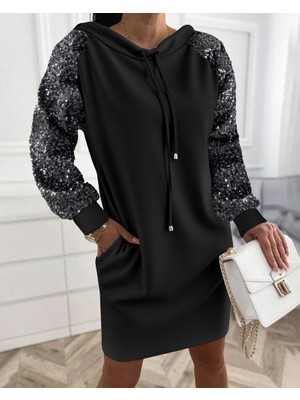 Nidam Butik Kadın Uzun Kollu Pulpayetli Bağcıklı Cep Detaylı Mini Viskon Iki Iplik Elbise