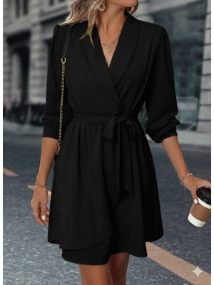 Gökyüzü Moda Kadın Uzun Kollu Kruvaze Yakalı Belden Kuşaklı Mini Çift Katlı Ithal Krep Elbise