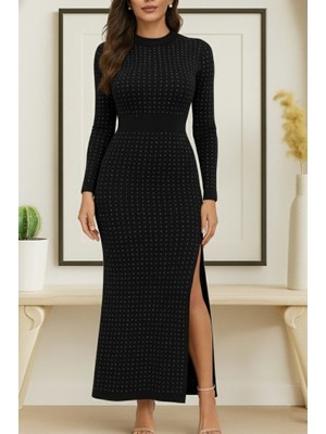 Arben Boutique Kadın Uzun Kollu Bisiklet Yaka Taşlı Midi Kadife Elbise